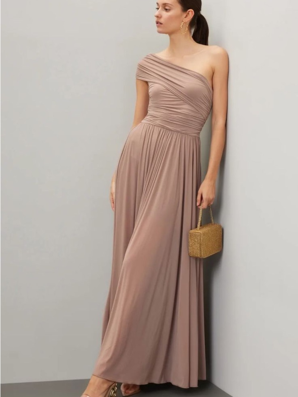 Ronny Kobo Killian Gown XS One-Shoulder Taupe Maxi Dress - Elegant Evening Gown